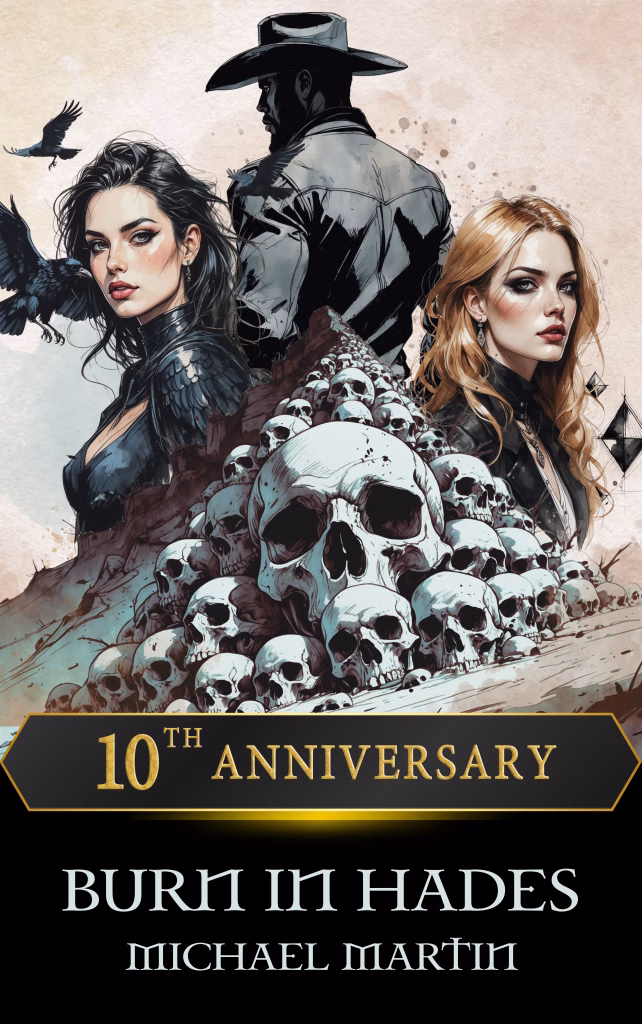 Book cover art for the dark fantasy novel 'Burn In Hades' by Michael Martin, part of the Vaudeverse Saga. Features the three main characters (from left to right: The Raven, Cross, and Diamond Tooth) hovering above a mountain of skulls, showcasing visceral mythological brutality and a grimdark aesthetic.