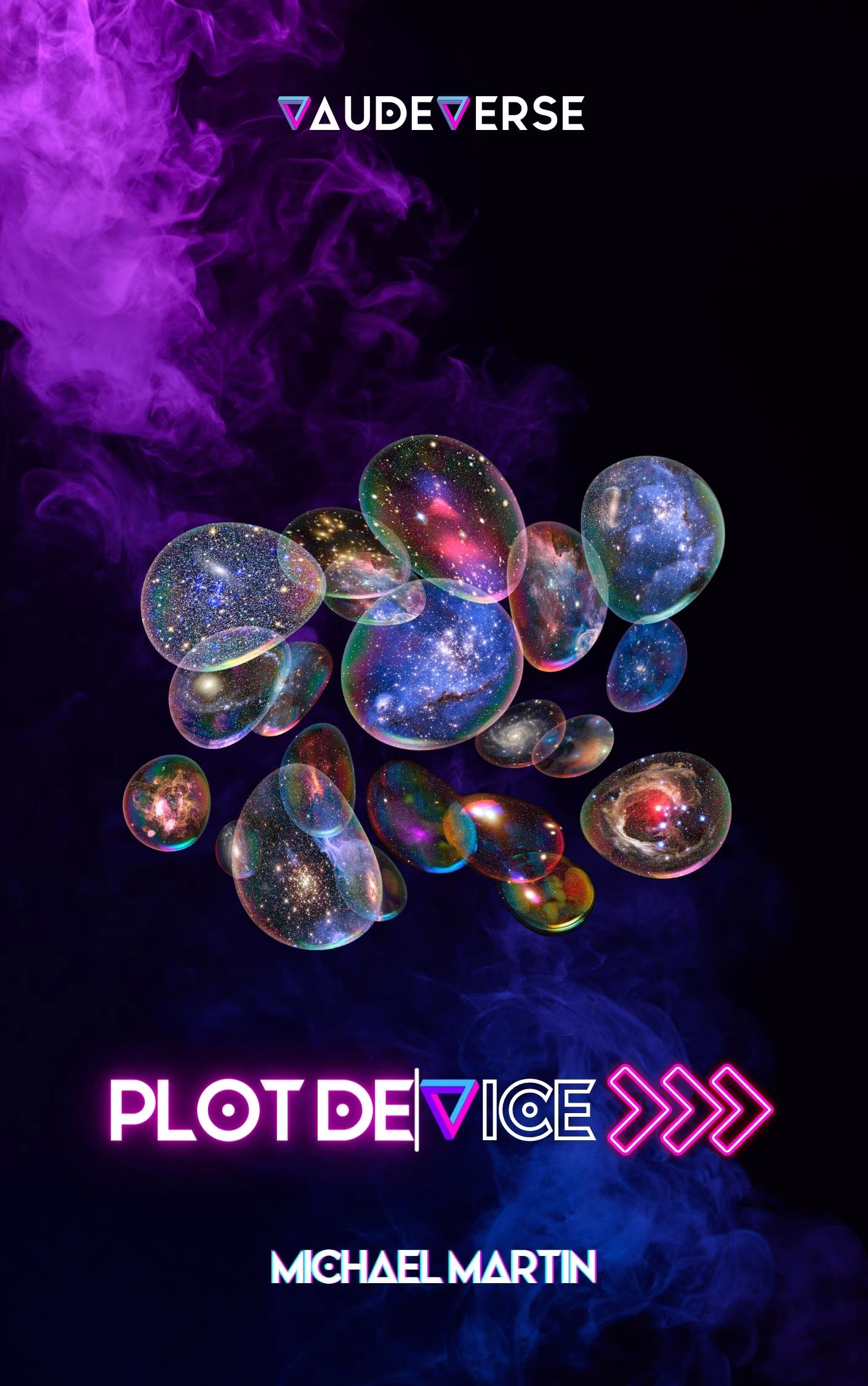 Minimalist book cover design for &lsquo;Plot Device,&rsquo; a satirical fantasy novel, showcasing dense, sensory world-building and a disorienting reality where cosmic dread collides with oppressive, bureaucratic absurdity.