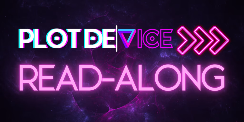 Promotional art showcasing the Vaudrium community read-along for the satirical fantasy web novel 'plot Device' by Michael Martin, part of the Vaudeverse Saga. Features an abstract cosmic nebula featuring swirling, translucent magenta and purple filaments glowing against a dark, starry indigo background, representing the kinetic dissonance of the infinite paraworld omniverse of the Vaudeverse.