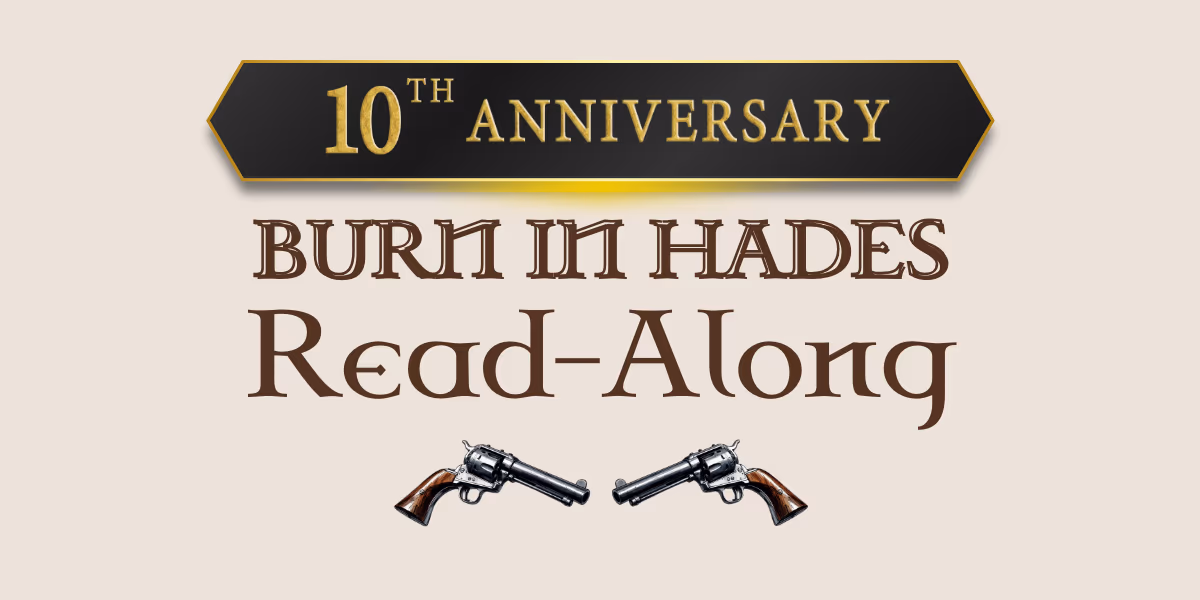 Promotional art showcasing the Vaudrium community read-along for the dark fantasy novel 'Burn In Hades' by Michael Martin, part of the Vaudeverse Saga. Features two revolvers aimed at each other, highlighting the visceral mythological brutality and a grimdark aesthetic.