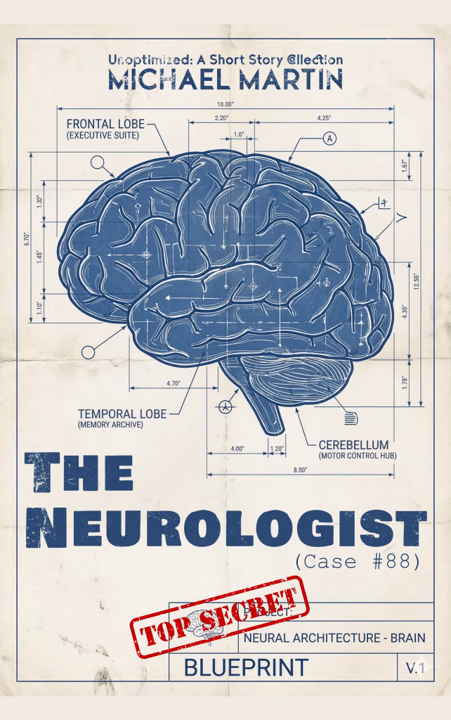 Front cover art for ’The Neurologist’, a speculative short story by Michael Martin, part of Unoptimized—a collection of short fiction. Features a map of the human brain formatted as a top-secret blueprint, showcasing the psychological horror of surgically removing imagination and highlighting the hyper-utilitarian belief that art, nuance, and storytelling are inefficient distractions from raw productivity.