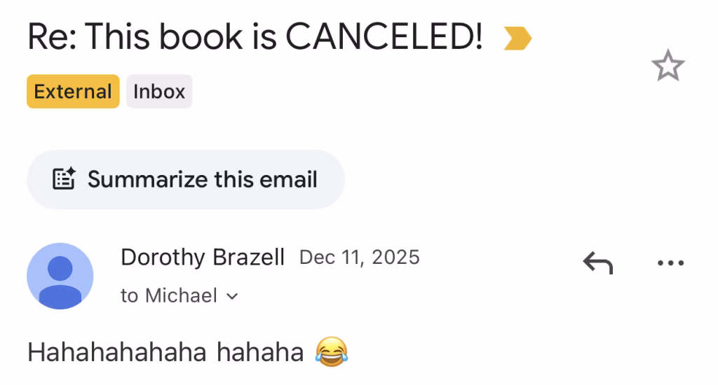 Screenshot of a reader reacting to Michael Martin&rsquo;s email. The reader states: Hahahahahaha hahaha 😂, reflecting the Vaudesy Kinetic Dissonance philosophy.